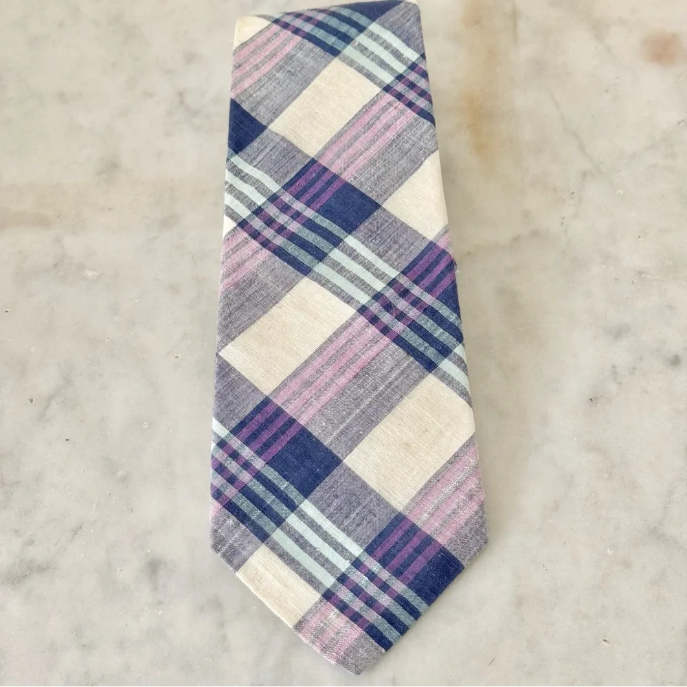 Patrick‎ James 100% Cotton Navy Madras Plaid Tie 58 x 3.5 Inches Preppy